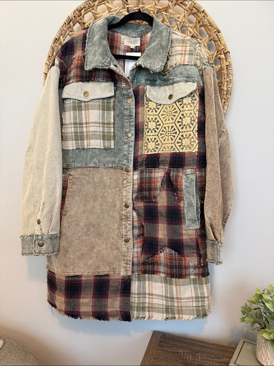 Oli & Hali Jackets & Blazers - Oli & Hali Patchwork Plaid & Corduroy Long Jacket - Multi